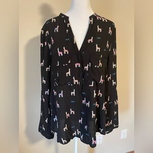MAEVE Anthropologie Black-Pink Llama Print Tunic Blouse Size 12